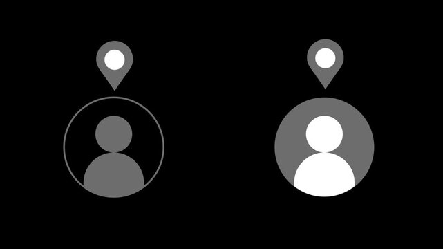 Two gray user profile icons inside circular frames with map location pin symbols above, representing user tracking, navigation positioning. 2D animation 4K resolution with alpha channel.