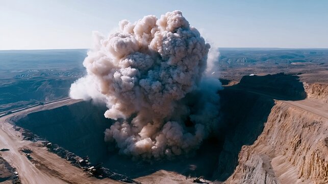 Blasting operation at an industrial open pit mine generating an immense dust cloud as part of the excavation process, signifying destruction, power, and raw material extraction