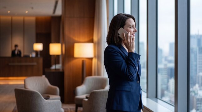 Businesswoman on phone call at office window overlooking city skyline