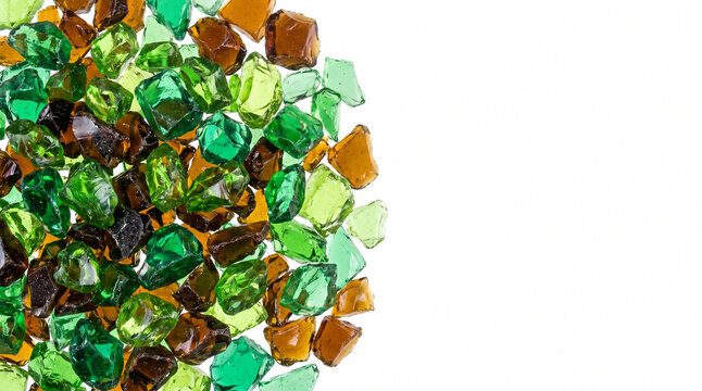 Crushed green and amber recycled glass cullet pieces on the left of a white background with wide copy space