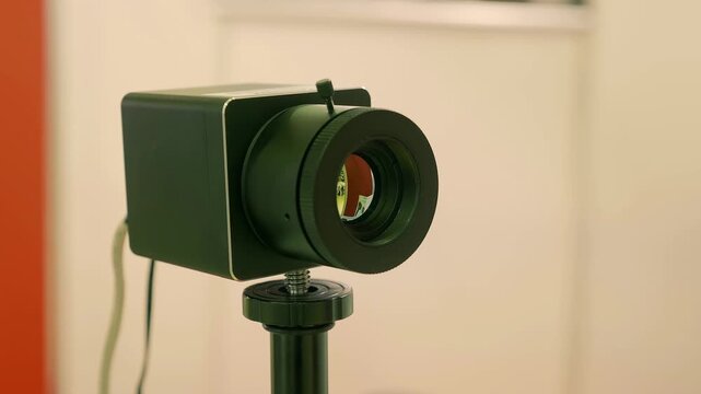 A thermal imaging camera register the temperature of people passing by and all data is displayed on a monitor. Closeup. Shot in motio