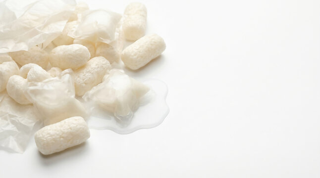 Off-white biodegradable starch packing peanuts on the left of a white background with copy space