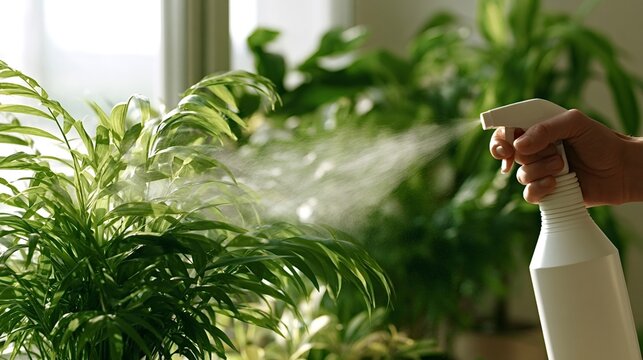 Hand holding a spray bottle creating a fine mist of water, hydrating a green parlor palm houseplant, showing concepts of plant care, gardening, freshness, and growth at home