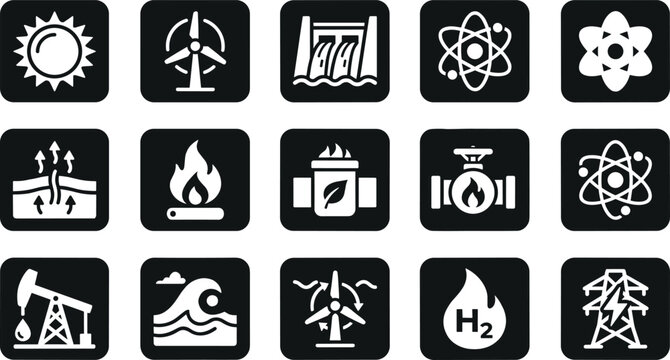 Renewable green energy sustainable environment power plant solar wind hydro nuclear hydrogen and fossil fuel vector square icon set