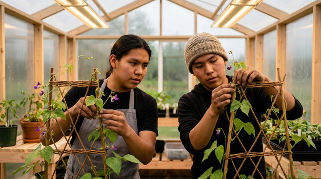 Indigenous youth in a community greenhouse carefully tend heirloom bean varieties nearly lost to history, green vines climbing handmade trel 3