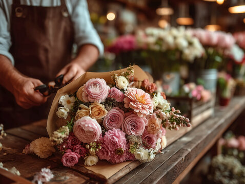 Florist hands holding a beautiful romantic bouquet over a gift wrapped package in a rustic flower shop workshop. AI generated