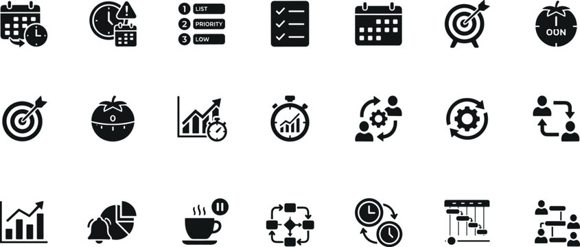 Time management pomodoro technique productivity checklist gantt chart target data analytics workflow and team collaboration vector icon set