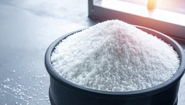 Granular plastic feedstock pellets stored in a large industrial container, showcasing high quality raw materials used for manufacturing processes in a wide cinematic landscape format for industry.