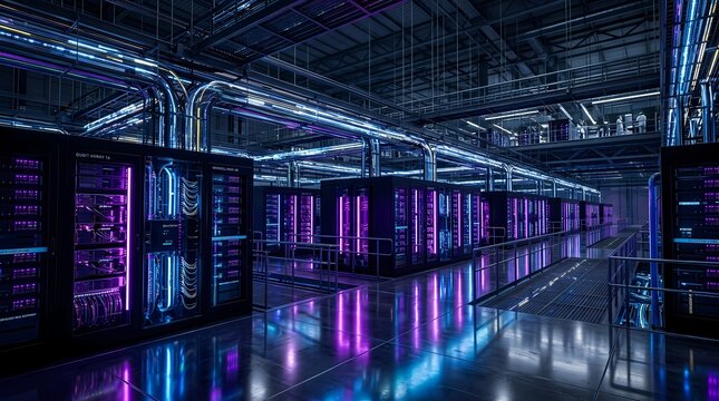 Futuristic data center server room with glowing purple and blue neon lights and reflective floor
