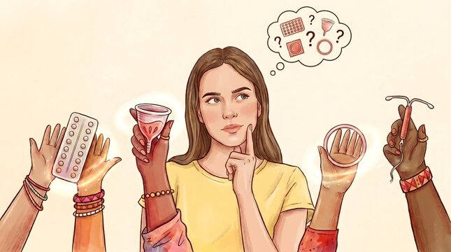 Woman contemplates her reproductive health options while surrounded by various contraceptive methods presented by diverse hands.