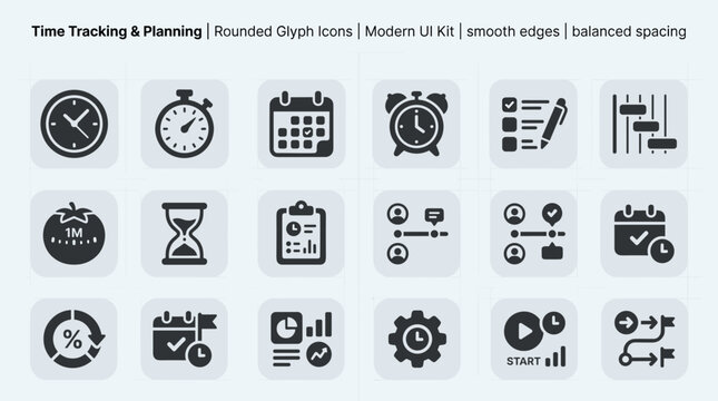 Time tracking and planning rounded glyph icons bundle with clock calendar timeline pomodoro checklist and analytics vector symbols