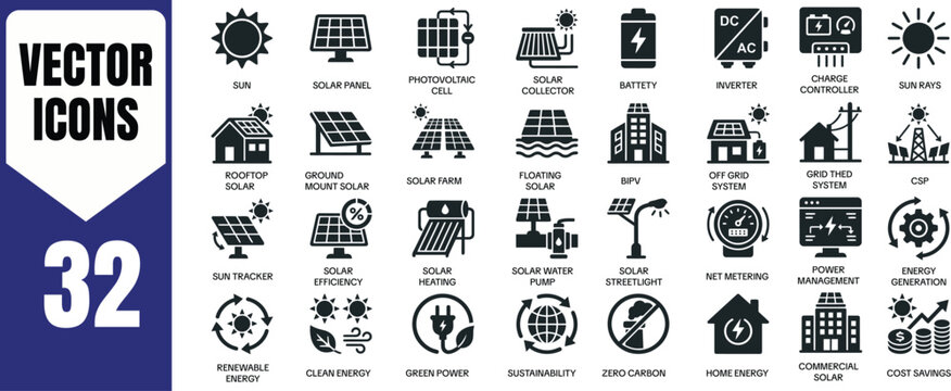 Solar energy vector icons set 32 renewable energy symbols