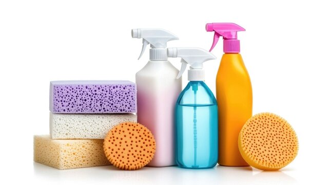 Bright and colorful cleaning supplies arranged neatly on a white background highlighting household essentials and vibrant sponges