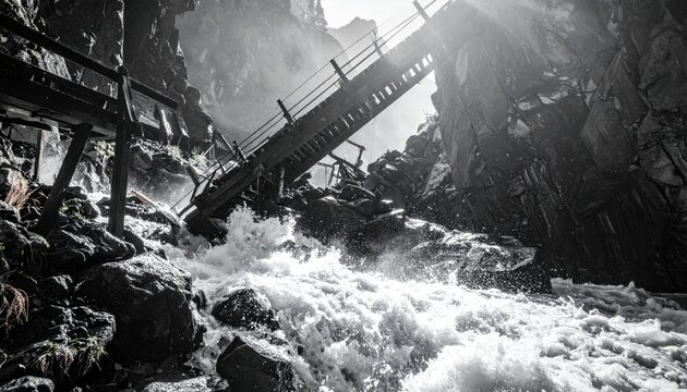 Dramatic wide shot of a sturdy wooden bridge collapsing into a deep and turbulent mountain stream, showcasing the raw power of nature during a storm, cinematic landscape, black and white.