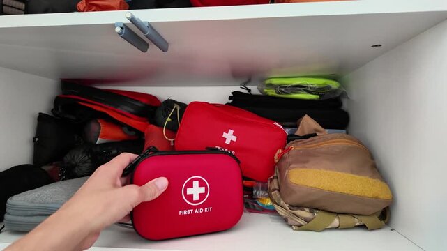 Crowded shelf with red first aid kit surrounded by backpacks and bags family preparedness vibe in busy cupboard, quickaccess medical pouch tucked into everyday gear for reassurance.