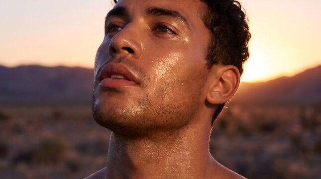 Man looks toward the warm sunset sky while his face glows with natural light in a serene and expansive desert landscape setting.