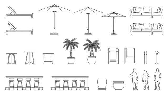 Poolside Furniture CAD Collection with Sun Loungers, Umbrellas and Resort Landscape Elements