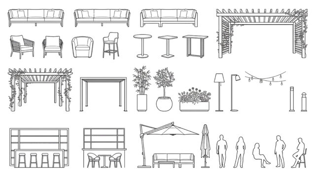 Garden Pergola and Outdoor Lounge CAD Collection with Seating Layouts and Landscape Features
