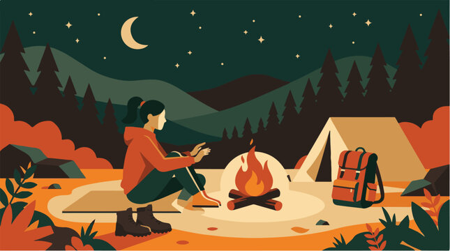 Night Camping Adventure In Autumn Forest With Bonfire Vector
