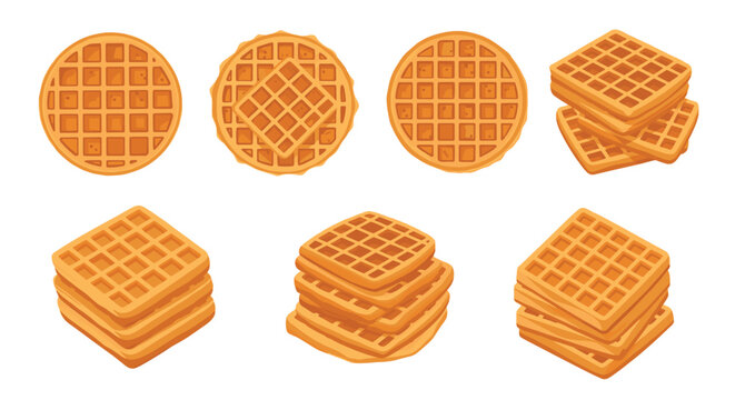 Assortment of delicious golden waffles in round and square shapes stacked or single for breakfast and dessert menus.