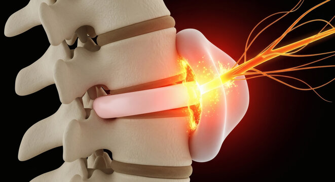 3D Medical Illustration of Spinal Disc Herniation and Nerve Pain