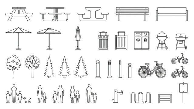 Urban Park and Streetscape CAD Asset Set with Trees, Bicycle Parking, Furniture and Pedestrian Symbols