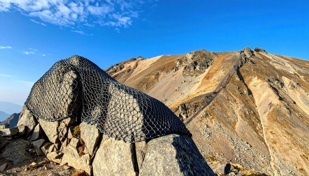 Industrial steel mesh netting draped over sharp granite outcrops on a mountain ridge, representing a rugged engineering solution for rockfall protection in a high alpine landscape setting.