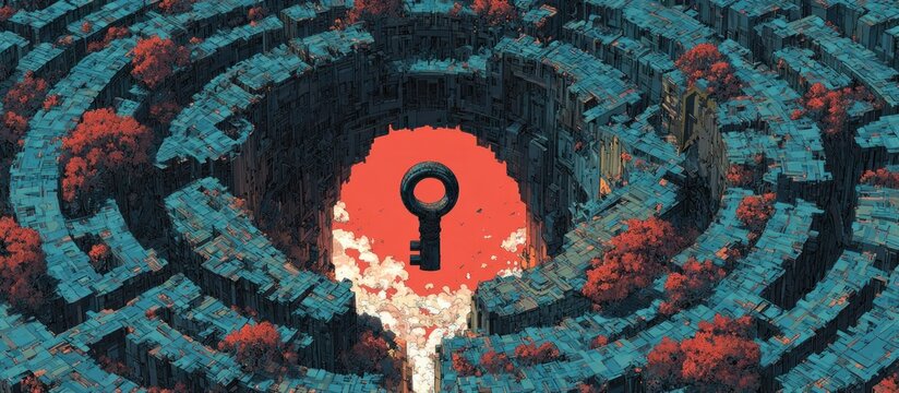 A maze with a key in a red opening. Lush red trees line the walls