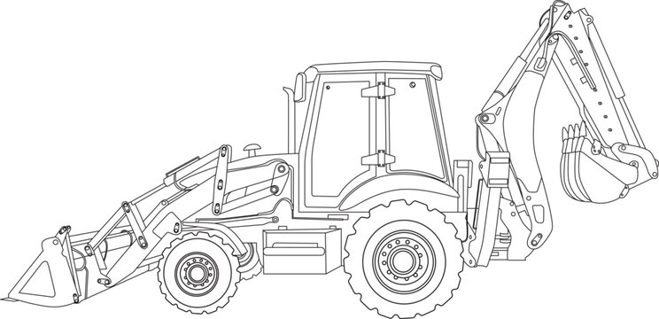 Backhoe loader technical drawing side view line art vector illustration