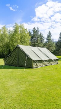 Vintage military army tent in a grassy park, reminiscent of World War II soldier quarters with a serene backdrop