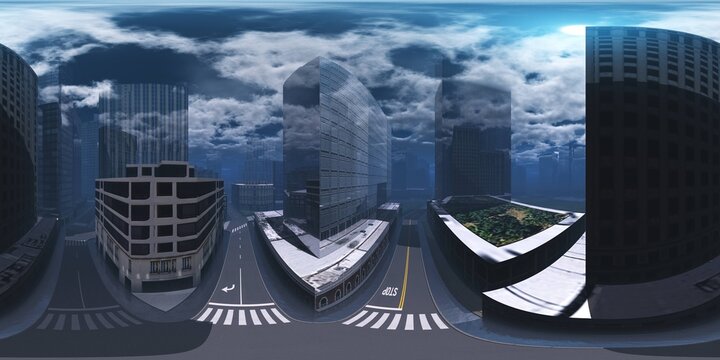 Panorama of the city. Environment map. HDRI map. equidistant projection. Spherical panorama.
3D rendering