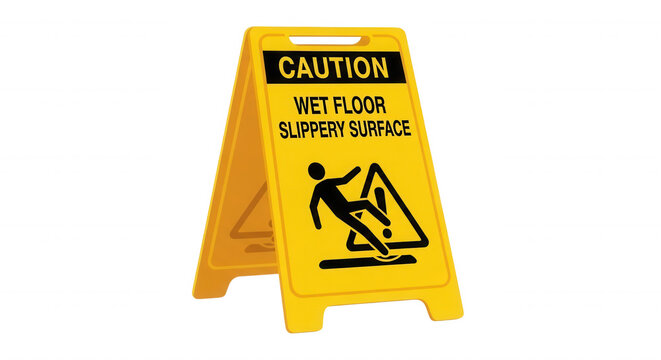 Bright yellow a-frame caution sign with black text reading wet floor slippery surface and a falling person pictogram on a black background