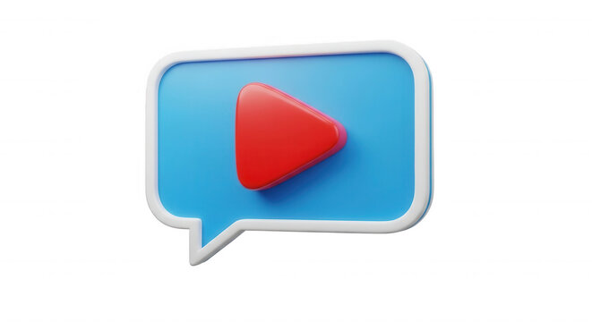 3 d rendered blue speech bubble with a red play button symbol isolated on a black background, representing digital communication and media