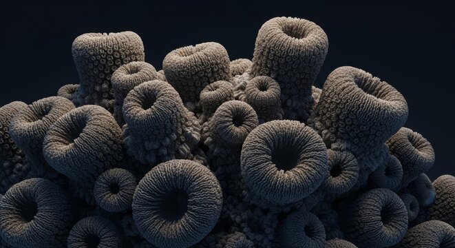 Intricate coral reef formation with detailed organic textures in deep ocean tones