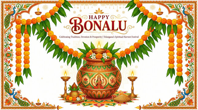 Bonalu Festival traditional floral garland decoration with sacred kalash diya and Telangana celebration banner design