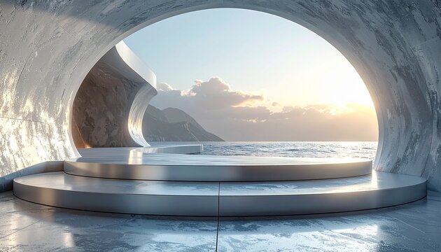 futuristic marble archway with silver platform and ocean view at sunse
