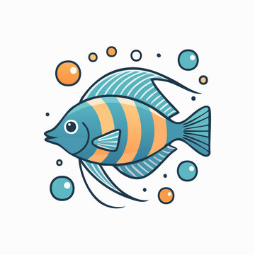 Stylized Blue and Orange Striped Fish with Bubbles