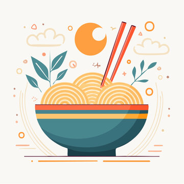 Stylized Bowl of Noodles with Chopsticks and Sun