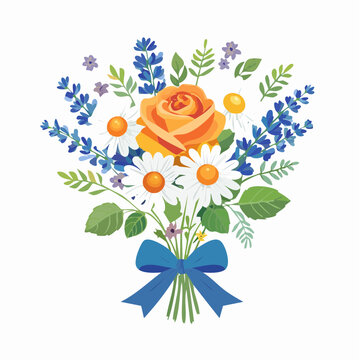 Bouquet of Orange Rose, Daisies, and Lavender with Blue Bow
