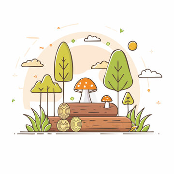 Cartoon forest scene with logs and mushrooms