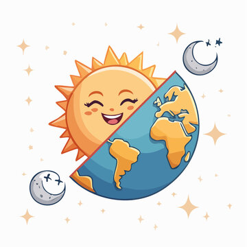 Cartoon Sun and Earth with Moon, Day and Night Concept
