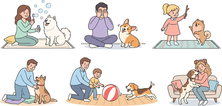 Happy People Playing and Interacting with Diverse Dog Breeds at Home Vector Illustration Set