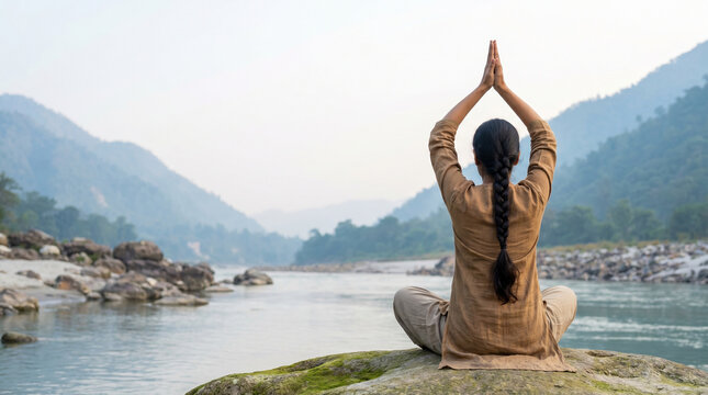 Back view of Indian woman practicing yoga on a river rock, concept for wellness retreat and meditation
