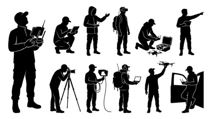 Fototapeta premium Drone Operator Silhouette Collection – UAV Piloting and Aerial Survey Set
