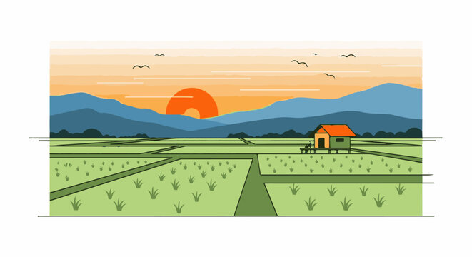 Sunrise over serene rice paddies with a lone hut and distant mountains