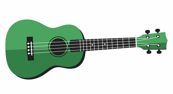 Flat illustration of a green ukulele with four white strings