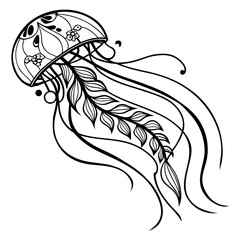 jellyfish line art illustration with floral details on white background © shahin
