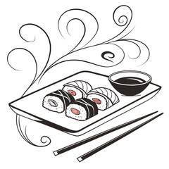 sushi platter with maki and nigiri black and white line art © shahin