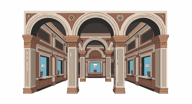 Ornate classical building interior with ticket windows