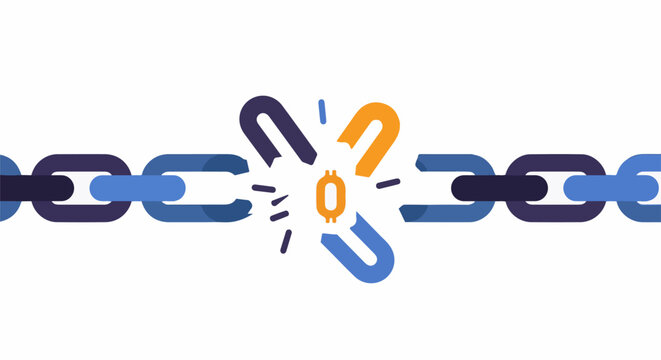 Broken chain with bitcoin symbol at the fracture point